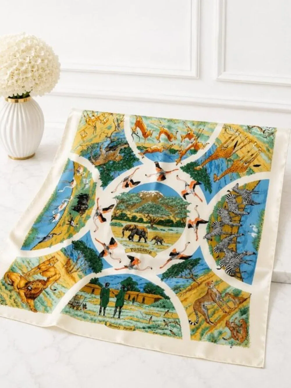 Authentic Hermès Tanzanie Silk Carré 90 Scarf Safari Animal Print
